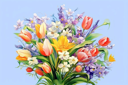 Bouquet of tulips and daffodils on blue backgroundの素材