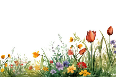 Watercolor floral background with flowers and grass. Hand drawn illustration.の素材