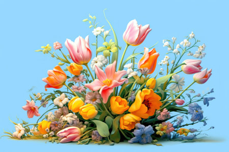 Bouquet of tulips and lilies of the valley on a blue backgroundの素材