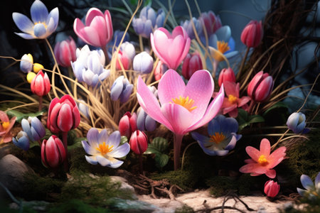 Beautiful crocus flowers in the garden. 3D illustration.の素材