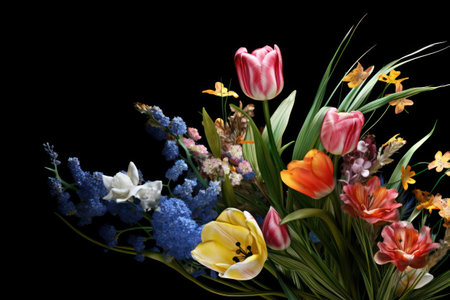 Bouquet of tulips and hyacinths on black backgroundの素材