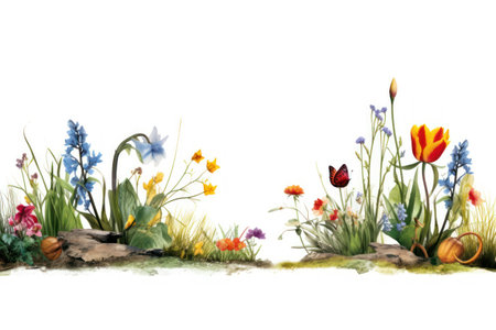 Watercolor spring border with flowers and butterflies. Hand drawn illustration.の素材