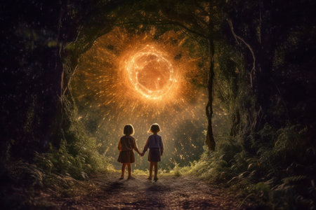 Little boy and girl walking in dark forest at night. Mixed mediaの素材
