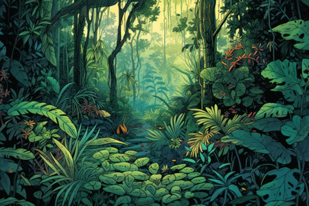 Tropical rainforest with trees and plants, digital art illustrationの素材