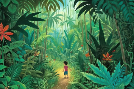 Digital Painting of a Little Boy Walking in a Tropical Forest, Illustrationの素材
