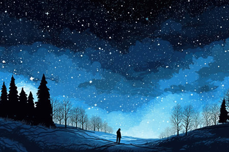 Night winter landscape with forest and snowfall. Silhouette of a man standing in the snow.の素材