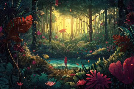 Fantasy forest landscape - digital illustration of a fantasy forest with red flowersの素材