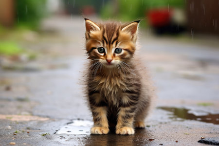Cute little siberian kitten sitting on wet street in rainの素材