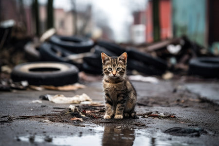 Homeless kitten sitting in a puddle on a city street.の素材