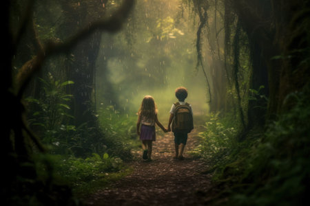 Little girl and boy with backpacks walking in the tropical forest.の素材