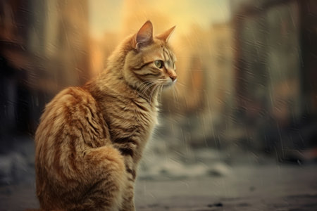 Beautiful cat on the street in the rain at sunset. Toned.の素材
