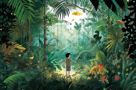 Digital painting of a boy standing in the jungle and looking at the fishの素材
