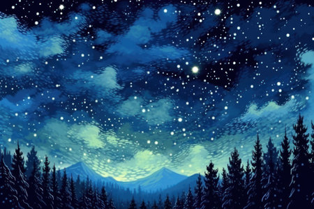 Winter landscape with fir trees and mountains under the moonlight. Vector illustration.の素材