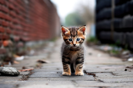 Cute little kitten with blue eyes walking on the street. Selective focus.の素材
