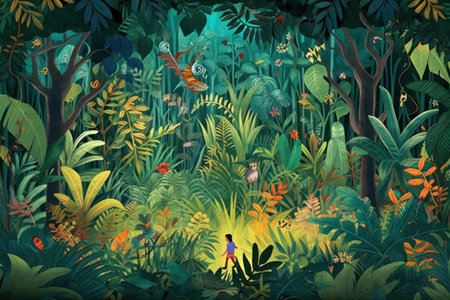 Illustration of a young girl walking in the jungle, surrounded by tropical plantsの素材