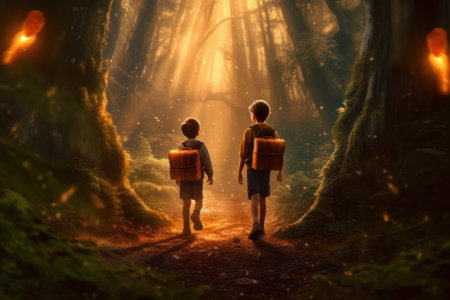 Boy and girl with backpacks walking in the forest. Halloween conceptの素材