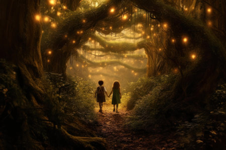 Little girl and boy in the dark forest with a magic light garlandの素材