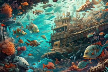 Tropical fish on the background of the underwater world. 3D illustrationの素材