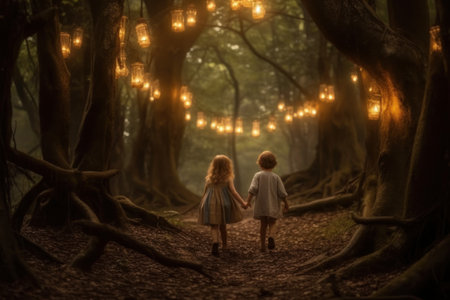 Little girl and boy walking in the forest at night with fairy lightsの素材