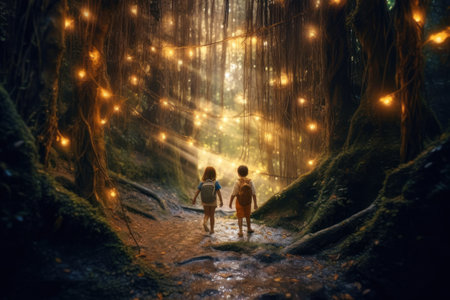 Little boy and girl walking in a mysterious forest with light bulbs.の素材