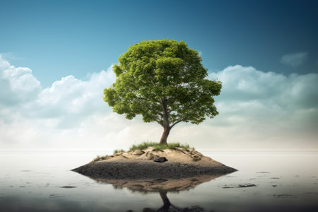 Lonely tree on the island in the sea. 3d renderの素材
