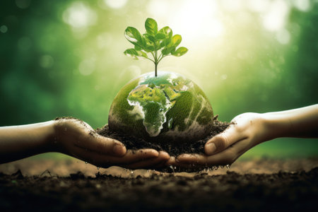 Close up of human hands holding green plant in soil with blurred backgroundの素材