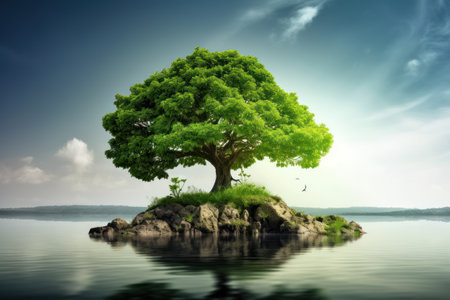 Green tree on a small island in the water with seagullの素材