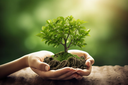 Hands holding green sprout growing from soil on blurred nature backgroundの素材