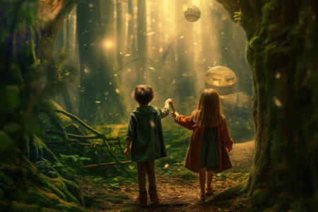 Little boy and girl standing in the forest with magic ball. Fairy taleの素材