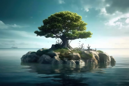 Beautiful green tree on a rock in the sea. 3D renderingの素材