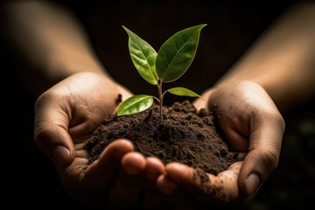 Hands holding green plant with soil on dark background, World Environment Day conceptの素材