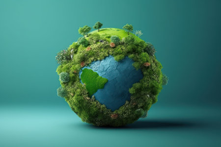 Green planet earth with trees and bushes on blue background. 3d renderの素材