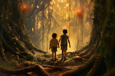 Boy and girl walking in the jungle. Fantasy forest. Halloween concept.の素材