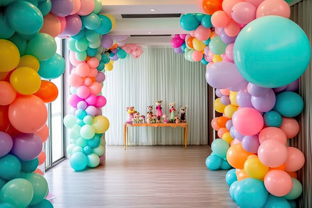 colorful balloons decoration in living room for birthday party or wedding celebrationの素材