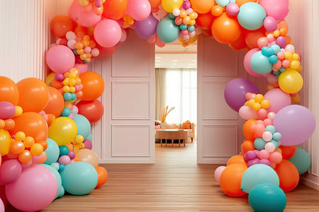 Interior of a children's room decorated with balloons. 3d renderの素材