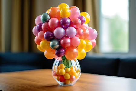 Colorful balloons in a glass vase on a wooden table.の素材