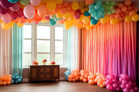 Interior of a children's room with colorful balloons and a chest of drawersの素材