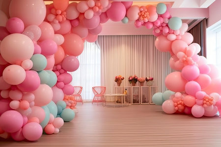 Wedding decor with pink and blue balloons, chairs and tableの素材