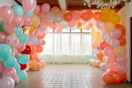 Colorful balloons decoration in the room for wedding party or birthday celebrationの素材