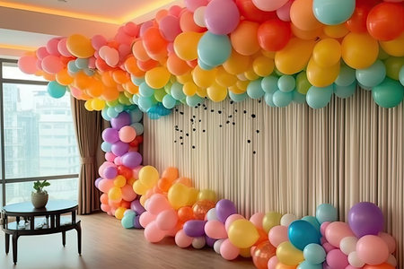 3d rendering of colorful balloons in a room with a large windowの素材