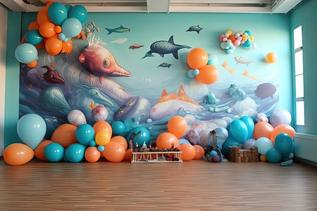 Children's room with a large number of colorful balloons and fish.の素材