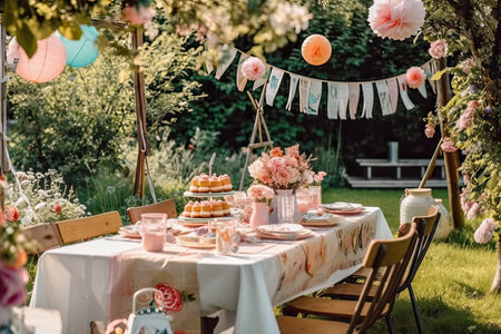 Wedding table decorated with flowers and cakes in the garden.の素材