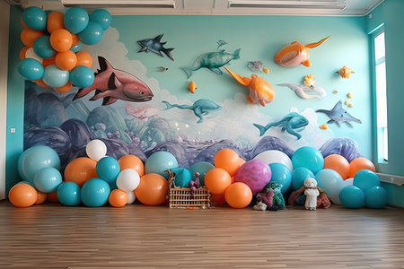 Interior of a children's room with colorful balloons and fish.の素材
