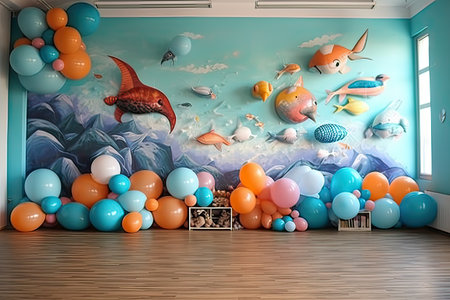 3D render of a children's room with balloons and fish.の素材