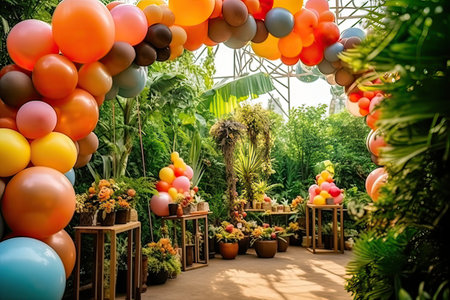 Decoration of the garden in the form of balloons and flowers.の素材