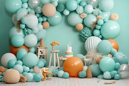 Baby shower decoration with balloons and toys on turquoise wall backgroundの素材