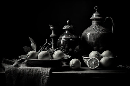 Still life with lemons and teapot. Black and white.の素材