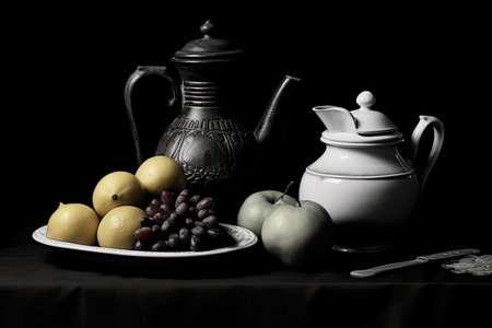 Still life with fruits and teapot on a black background.の素材