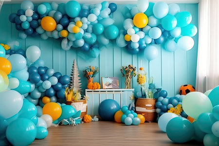 Interior of children room decorated for birthday party with blue and yellow balloonsの素材