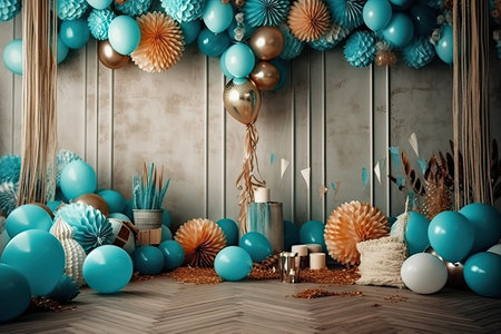 Blue and turquoise balloons and ribbons on a wooden floorの素材